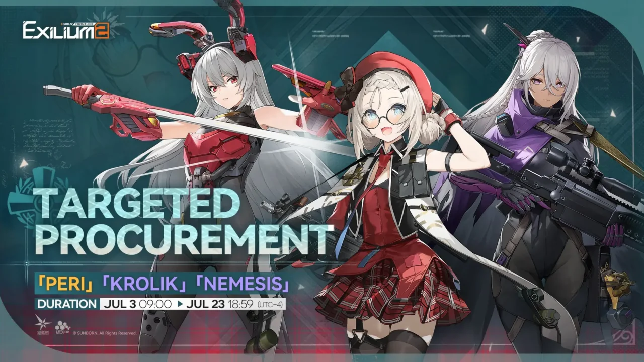 The official Targeted Procurement banner for Peri, Krolik, and Nemesis featured in the Springfield GFL2 guide.