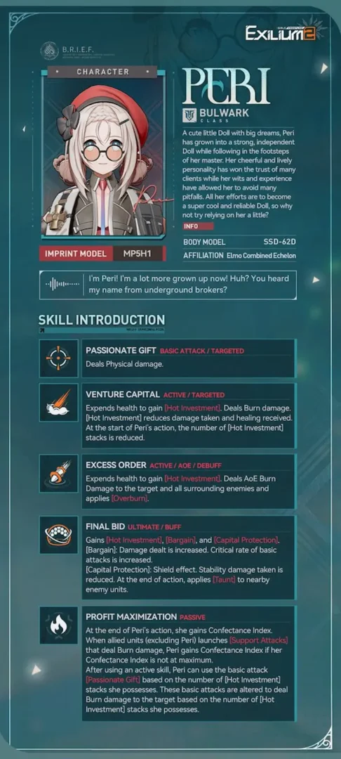 Technical skill breakdown for Peri (MP5) detailing Burn damage and multi-hit basic attacks in the Springfield GFL2 guide.