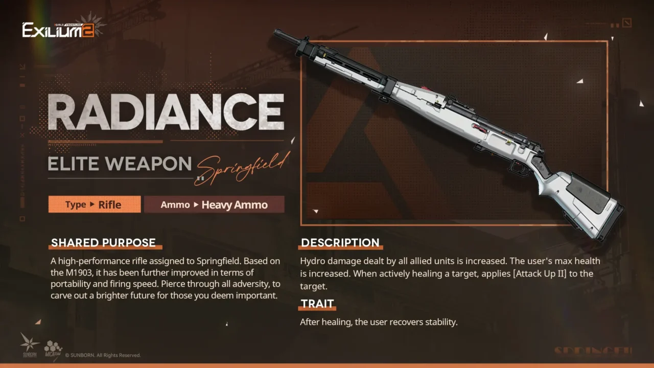 The signature weapon Radiance data sheet and Hydro damage buffs provided in the Springfield GFL2 guide.
