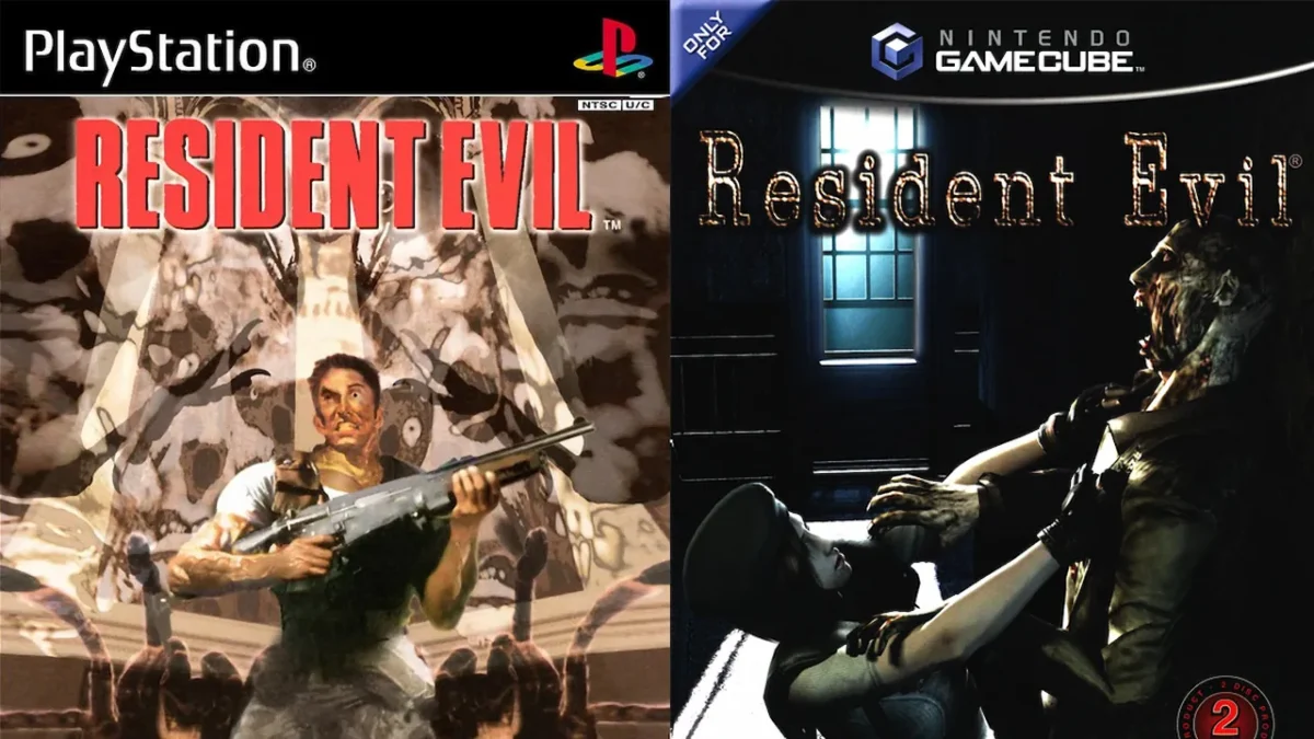 Comparison of Resident Evil covers on PS1 and GameCube showing video game remakes vs originals.