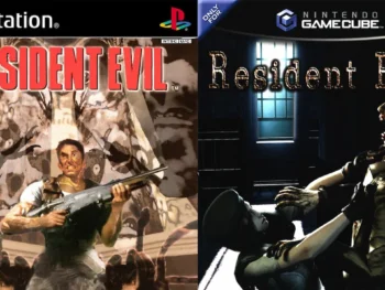 Resident Evil PS1 and Resident Evil 2002 covers side-by-side.