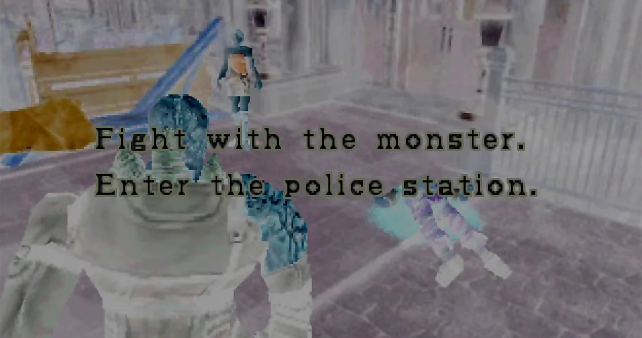 Resident Evil 3 (1999) live selection screen showing Nemesis approaching with options to fight or enter the police station.