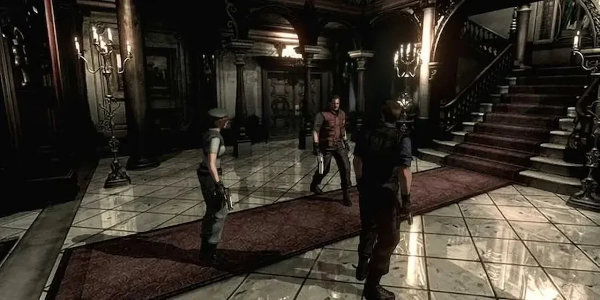 Behind-and-to-the-right view of the main mansion hall in Resident Evil (GameCube 2002 remake), showing updated lighting and character positioning.