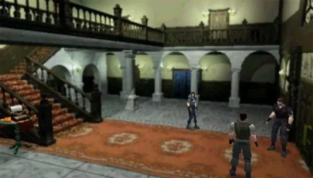 Straight view from the left side of the main mansion hall in the original Resident Evil (PS1).