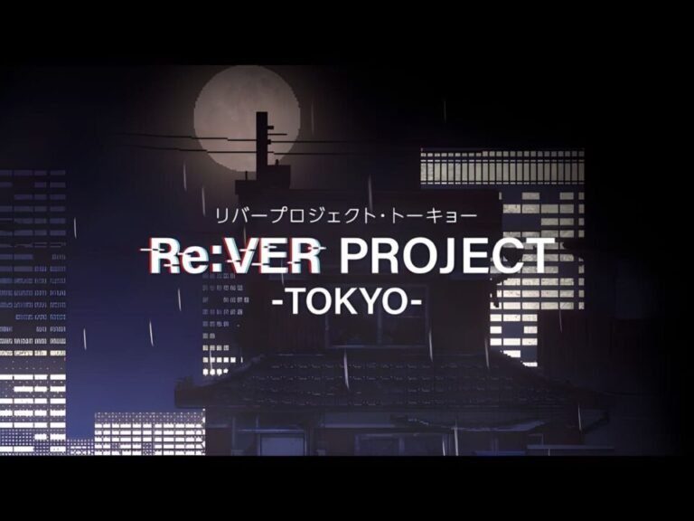 Stylized nighttime Tokyo cityscape with a full moon and illuminated buildings, featuring the text 'Re:VER PROJECT -TOKYO-' in bold white letters with a glitchy red and blue effect, and Japanese text above it.