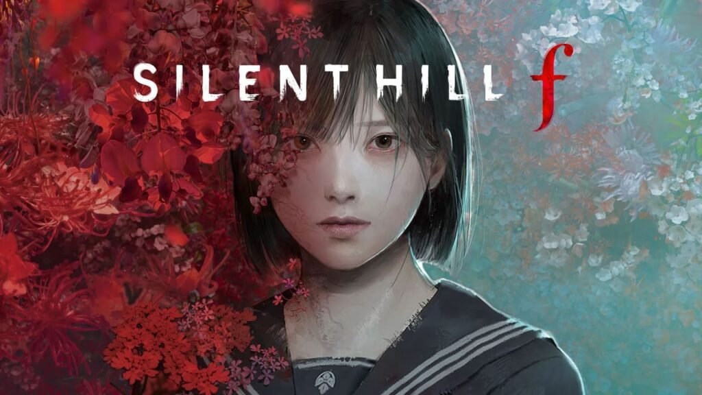 Silent Hill f key art featuring Shimizu Hinako surrounded by red and blue flowers, representing beauty and horror in 1960s Japan