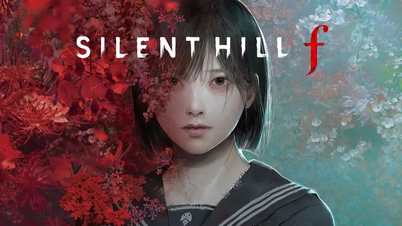 Silent Hill f key art featuring Shimizu Hinako surrounded by red and blue flowers, representing beauty and horror in 1960s Japan