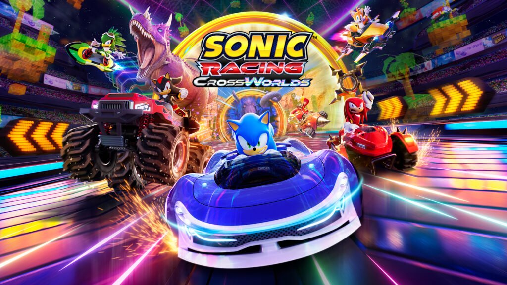Sonic Racing: CrossWorlds official cover art featuring Sonic and friends on white background with game title in iconic font