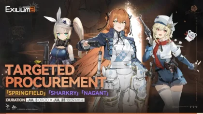 Girls Frontline 2 Targeted Procurement banner featuring Springfield, Sharkry, and Nagant with July event dates.