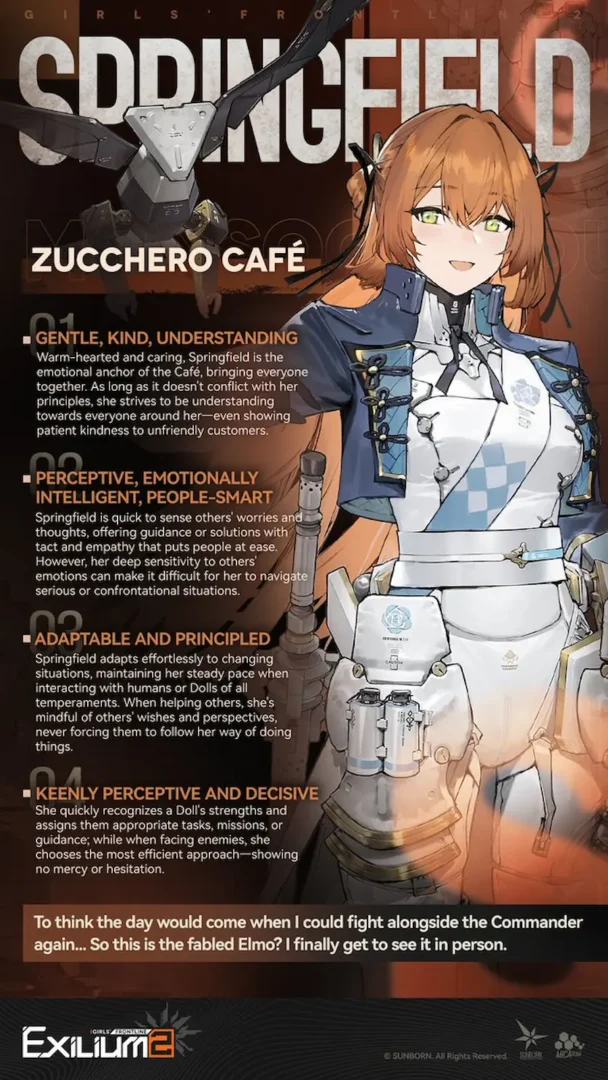 A detailed Springfield (M1903) character profile highlighting her Zucchero Cafe traits from the Springfield GFL2 guide.