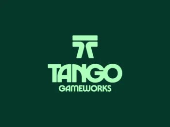 Tango Gameworks logo in mint green against a dark forest green background, announcing the studio’s rebranding and new project hiring.