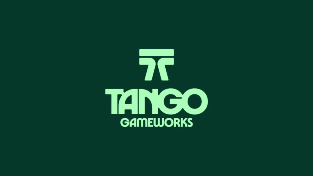 Tango Gameworks logo in mint green against a dark forest green background, announcing the studio’s rebranding and new project hiring.