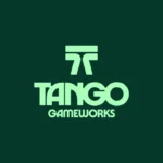 Tango Gameworks logo in mint green against a dark forest green background, announcing the studio’s rebranding and new project hiring.