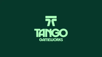 Tango Gameworks logo in mint green against a dark forest green background, announcing the studio’s rebranding and new project hiring.