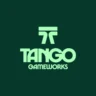 Tango Gameworks logo in mint green against a dark forest green background, announcing the studio’s rebranding and new project hiring.