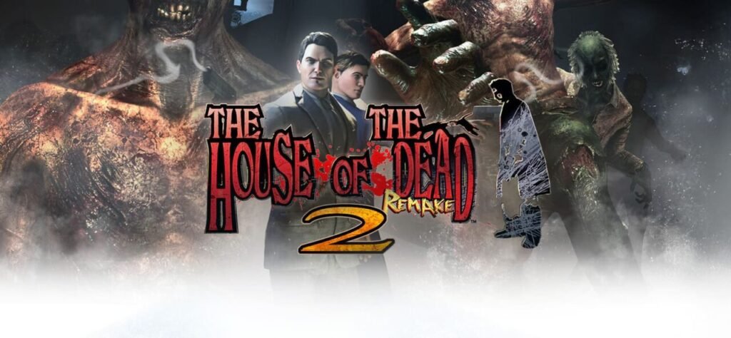 The House of the Dead 2 key art featuring James and Gary Stewart fighting zombies.