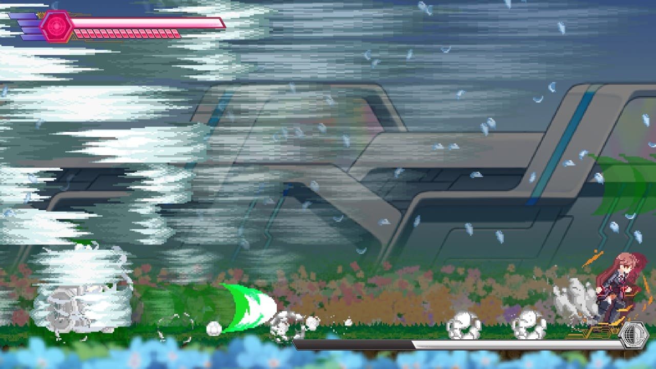 Kana runs away from a wind-based boss’s projectile during a boss fight
