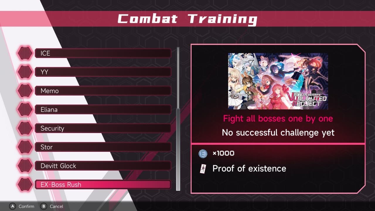 Combat training screen showing boss rematch and boss rush options