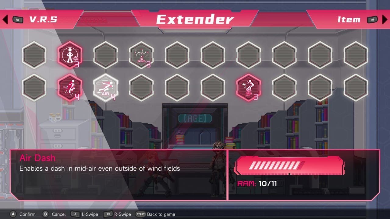 Extension chip loadout screen showing Air Dash chip and total RAM usage in Virtua Unlimited Project