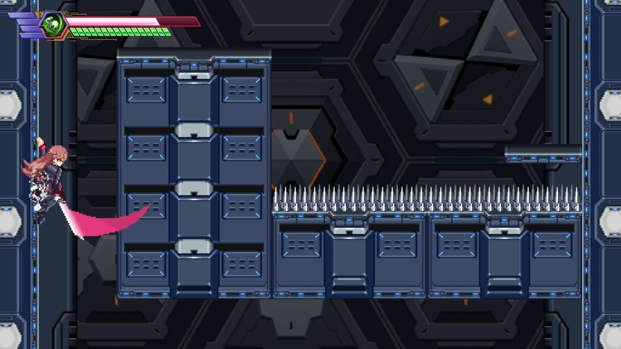 Kana clings to a wall mid-action, blade trail behind her, with spikes on the right after a platforming segment