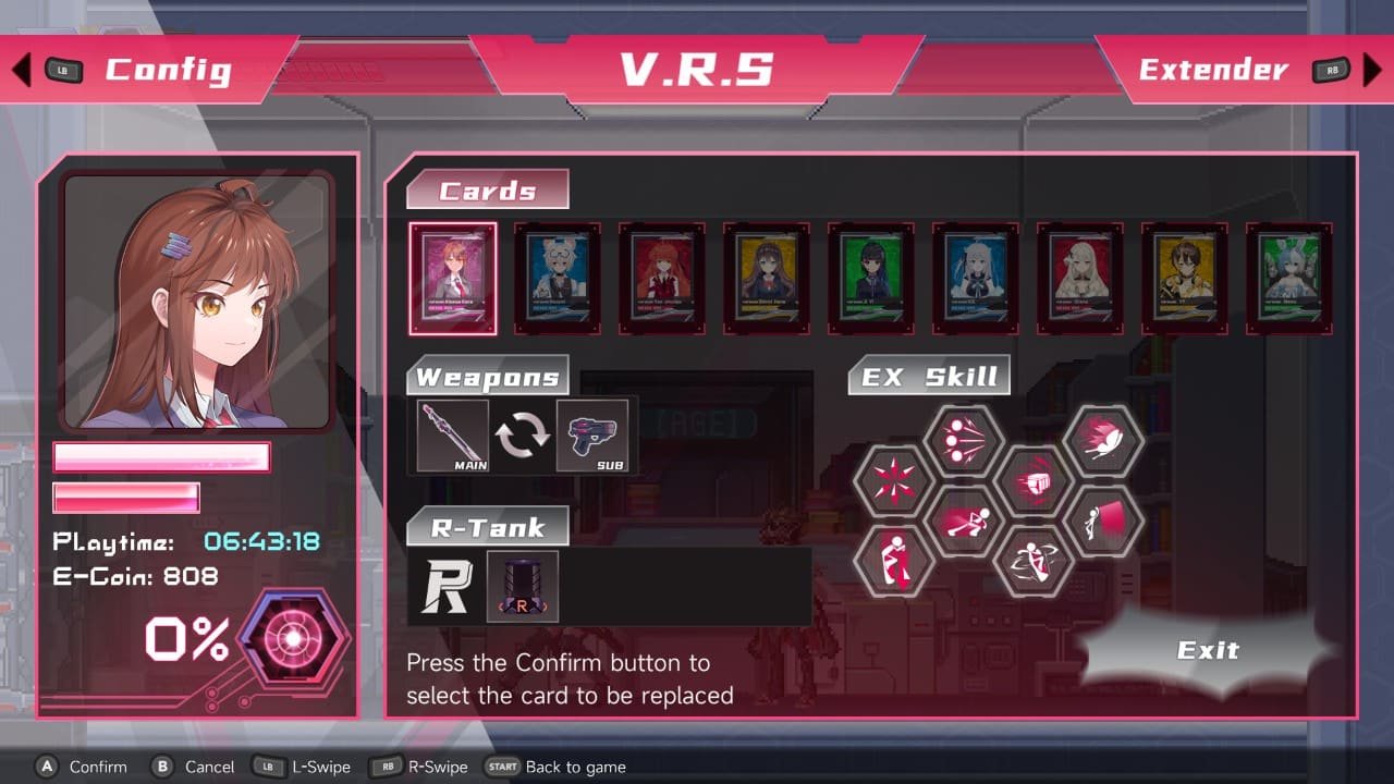 V.R.S. menu displaying weapons, cards, EX skills, and playtime in Virtua Unlimited Project