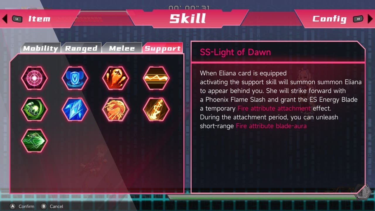 Support skill screen showing Eliana’s Light of Dawn card in Virtua Unlimited Project