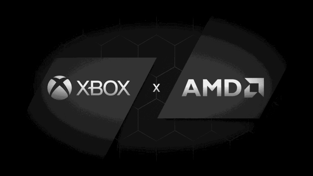 Xbox and AMD logos on a dark hexagonal background