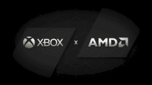 Xbox and AMD logos on a dark hexagonal background