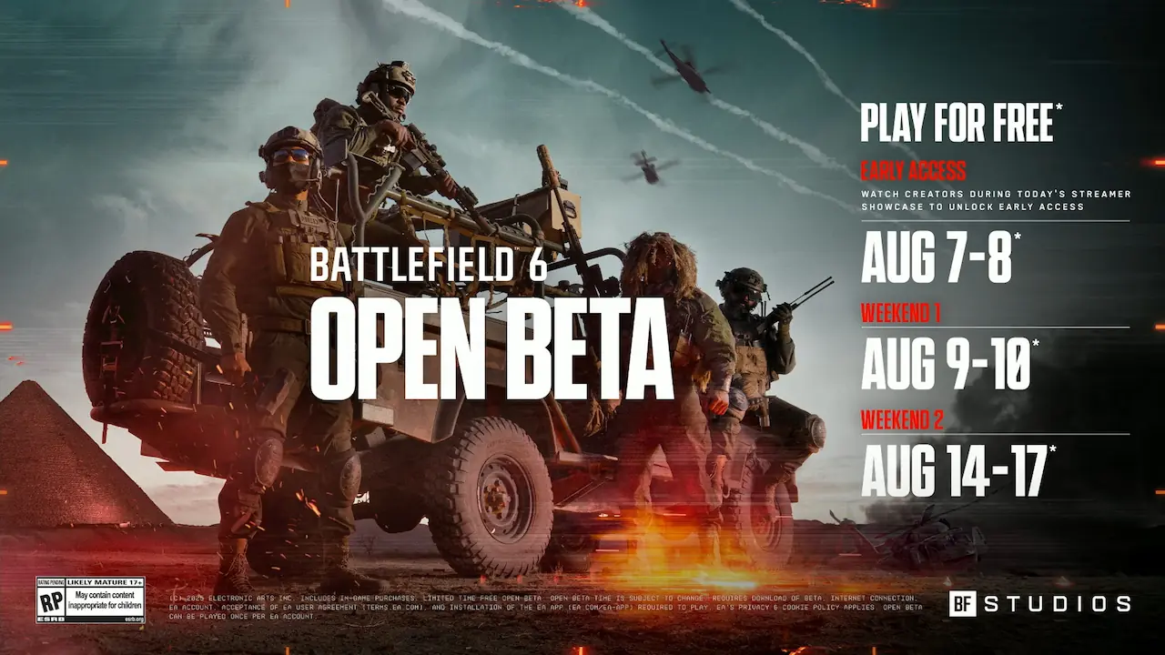 Battlefield 6 Open Beta text with soldiers preparing to enter a jeep and listed beta dates