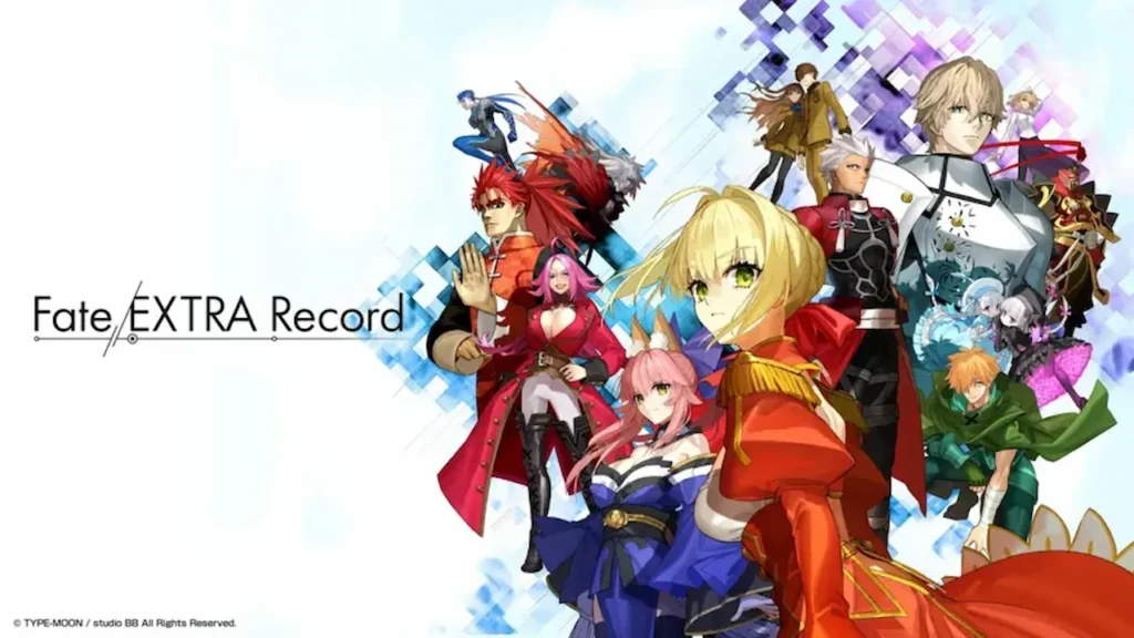 Fate/EXTRA Record key art featuring Saber, Archer, and main cast on white background