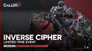 Three enemy types from the Inverse Cipher event in Girls’ Frontline 2: Exilium, including a black-armored mech, mutated creature, and gas-masked soldier.