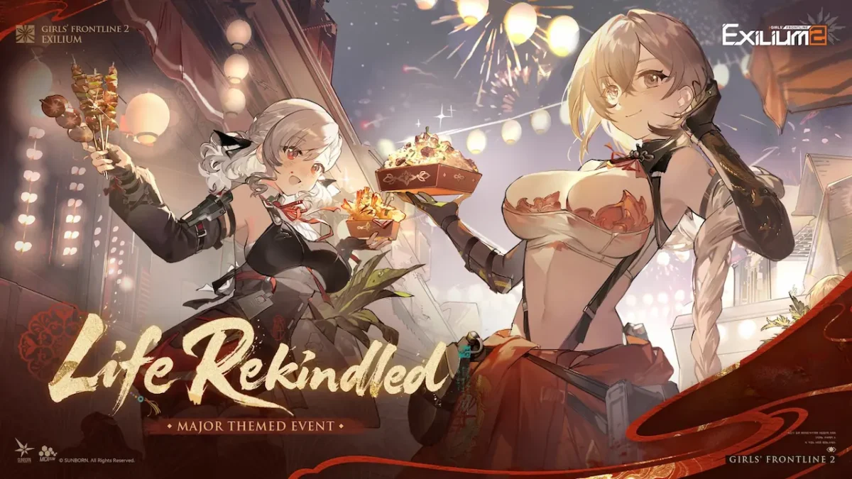 Life Rekindled event artwork in Girls’ Frontline 2 Exilium featuring Qiuhua and Sabrina at a festival