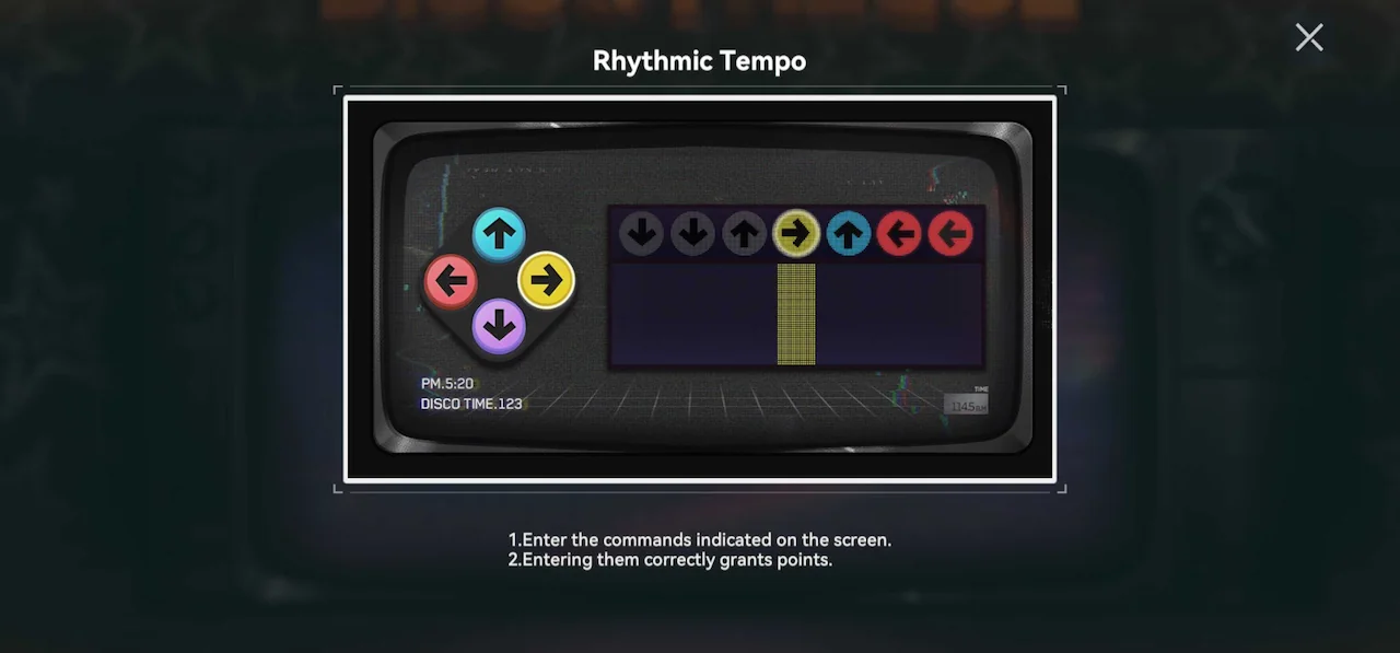Rhythmic Tempo mini game screen in Girls’ Frontline 2 Exilium showing arrow input rhythm gameplay