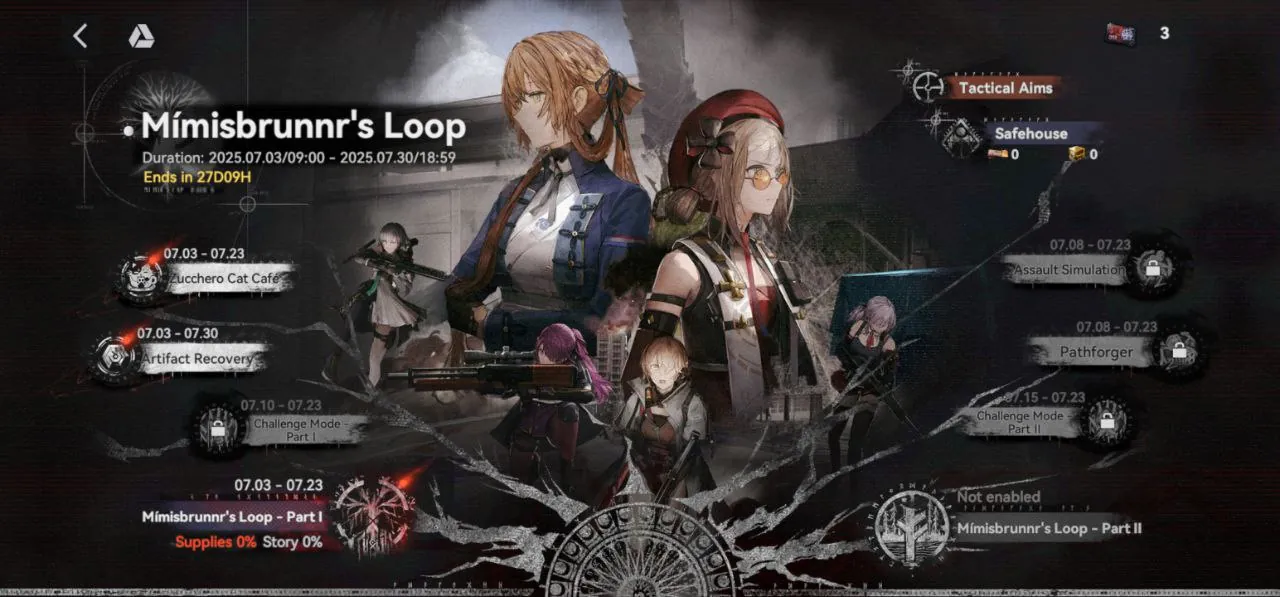 Event hub screen in Girls' Frontline 2 showing all Mímisbrunnr’s Loop game modes and rewards