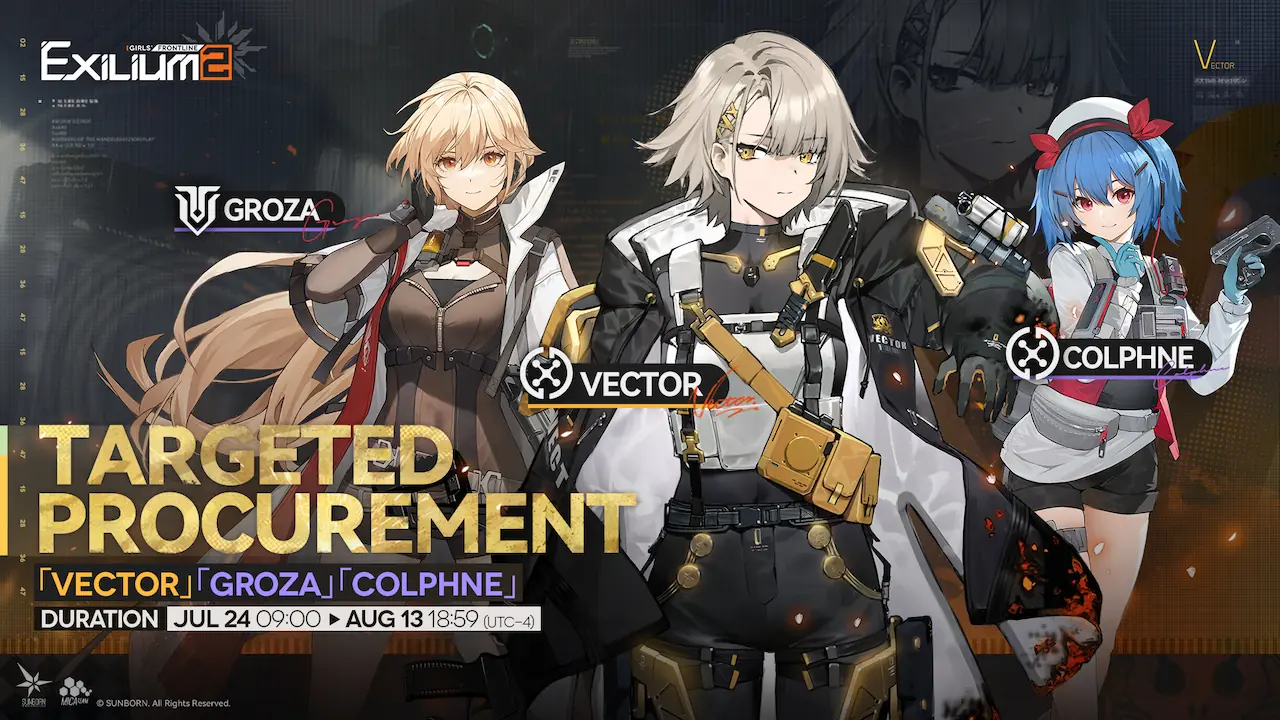 Vector, Groza, and Colphne rerun banner featuring character portraits and duration in Girls’ Frontline 2