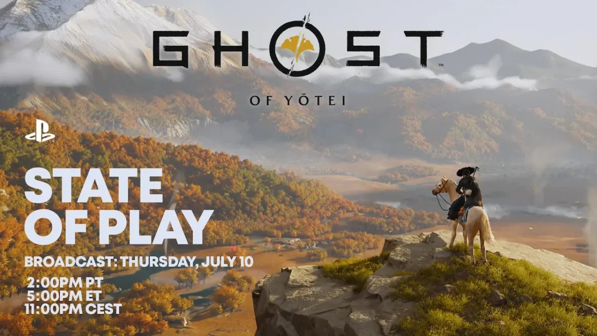 Ghost of Yotei protagonist overlooks distant hills in official State of Play preview image with logo and broadcast time