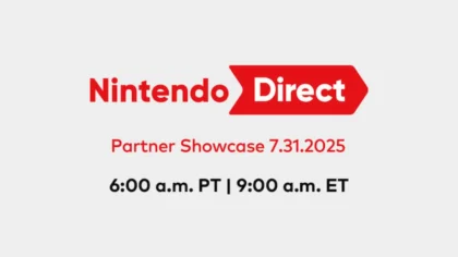 Nintendo Direct Partner Showcase logo with date and time July 31, 6:00 a.m. PT / 9:00 a.m. ET
