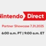 Nintendo Direct Partner Showcase logo with date and time July 31, 6:00 a.m. PT / 9:00 a.m. ET
