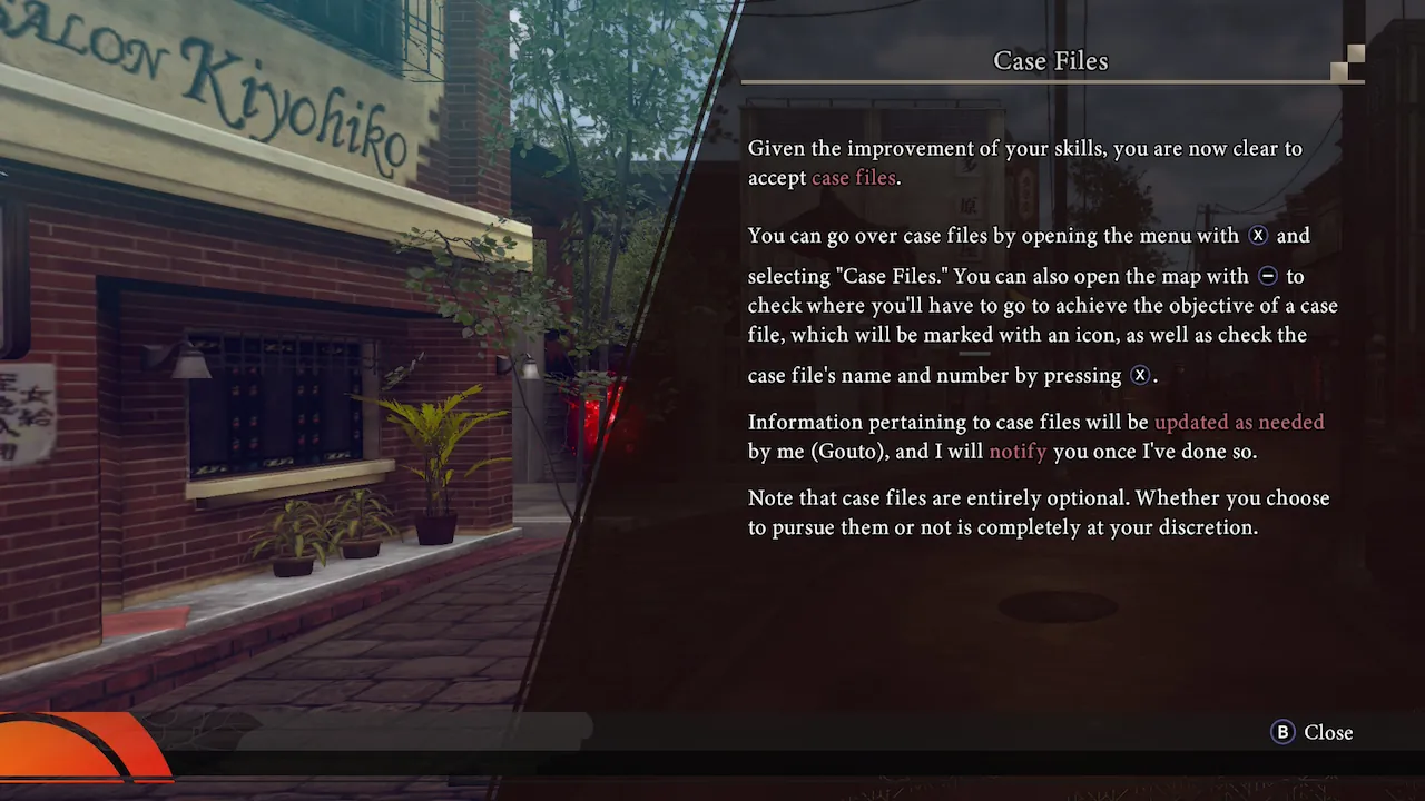 Case File tool tip in Raidou Remastered explaining how side quests are tracked and organized for rewards.