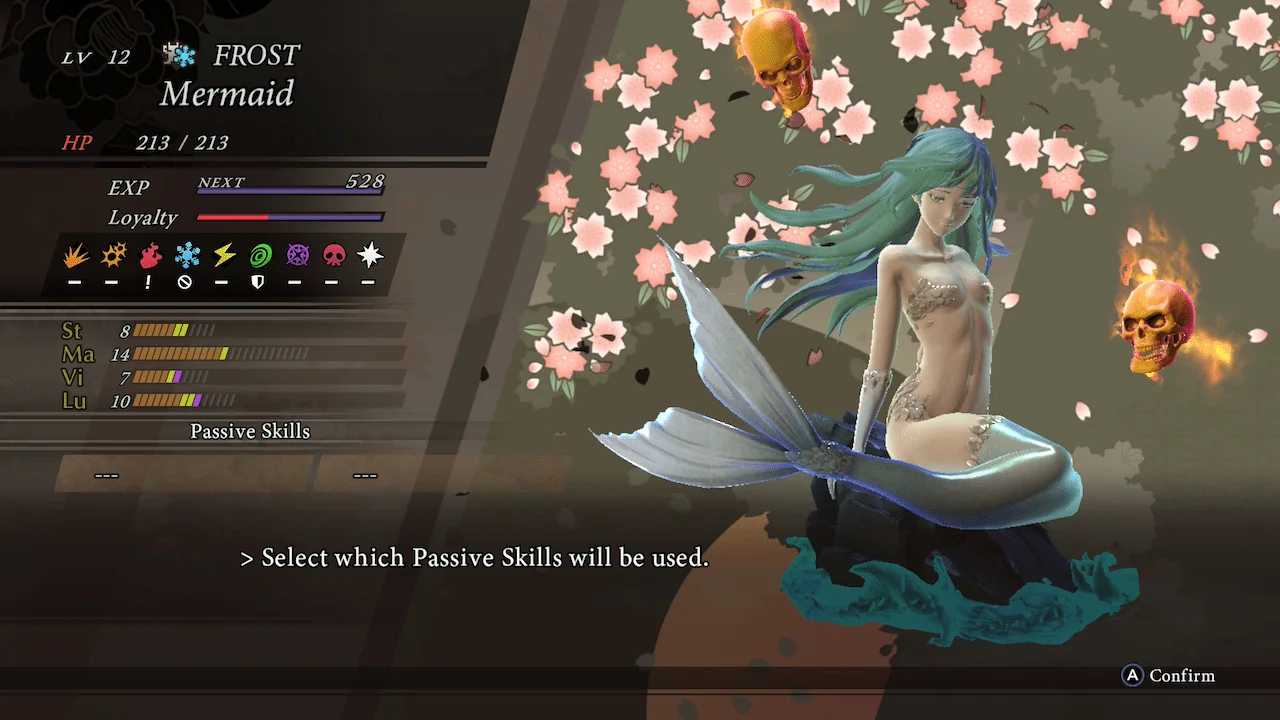 Fusion screen showing Mermaid with selectable passive skills in Raidou Remastered.