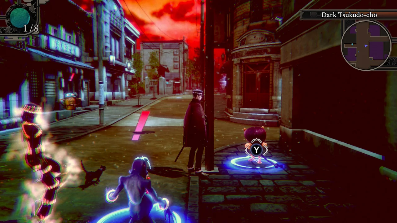 Raidou standing in the Dark Realm as demons approach to start a visible battle, showcasing the removal of random encounters in Raidou Remastered.