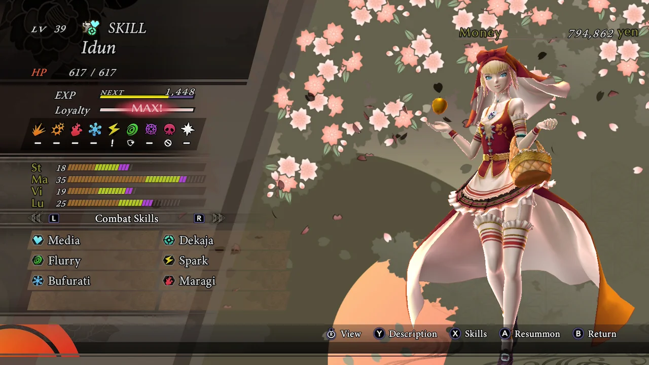 Idun from SMT V shown in Raidou Remastered's expanded demon roster screen.