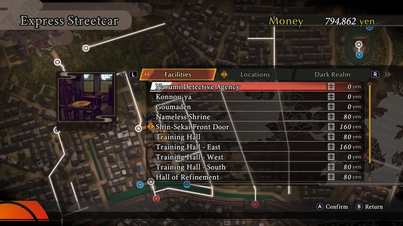 Express Streetcar fast travel menu in Raidou Remastered: The Mystery of the Soulless Army.