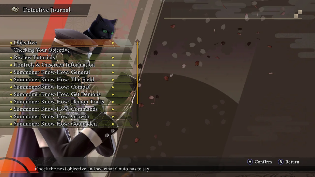 Raidou’s journal screen showing the current objective, tooltips, and hints in Raidou Remastered.