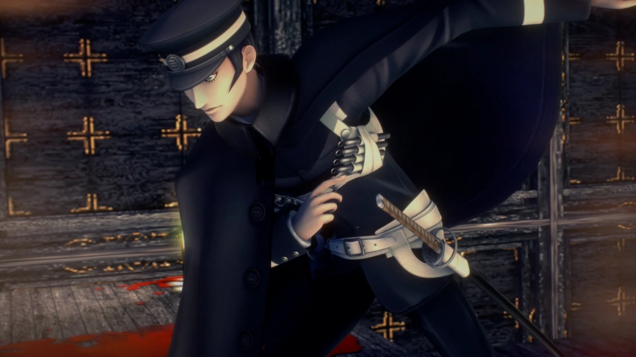 Raidou in a cutscene opening his cape and reaching for a demon summoning tube, showcasing Kazuma Kaneko’s art style with upgraded visuals.
