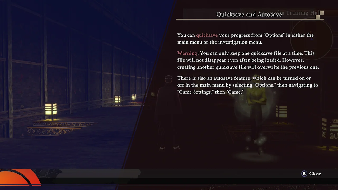 Saving tooltip in Raidou Remastered explaining new quicksave and autosave systems added to the remaster.
