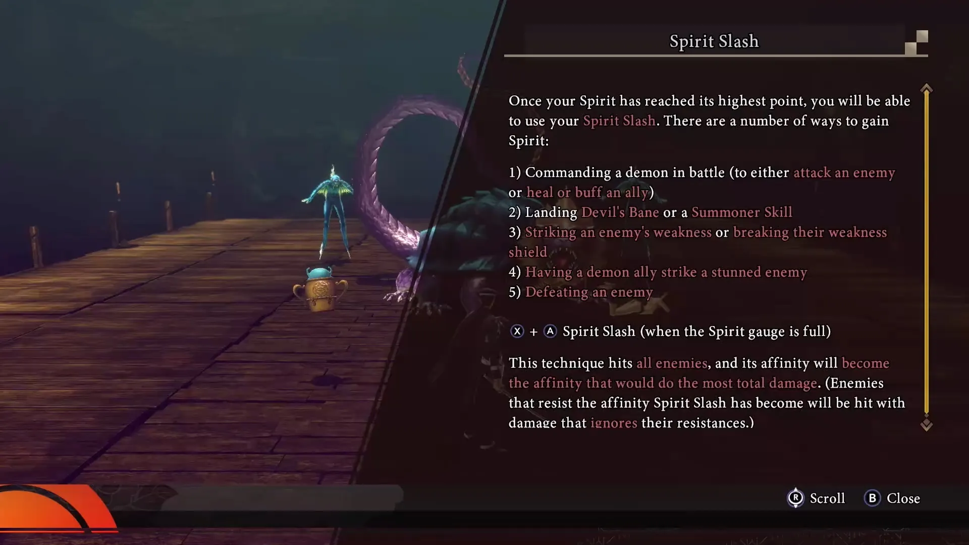 Spirit Slash tool tip screen explaining the new mechanic to unleash a powerful area attack in Raidou Remastered.