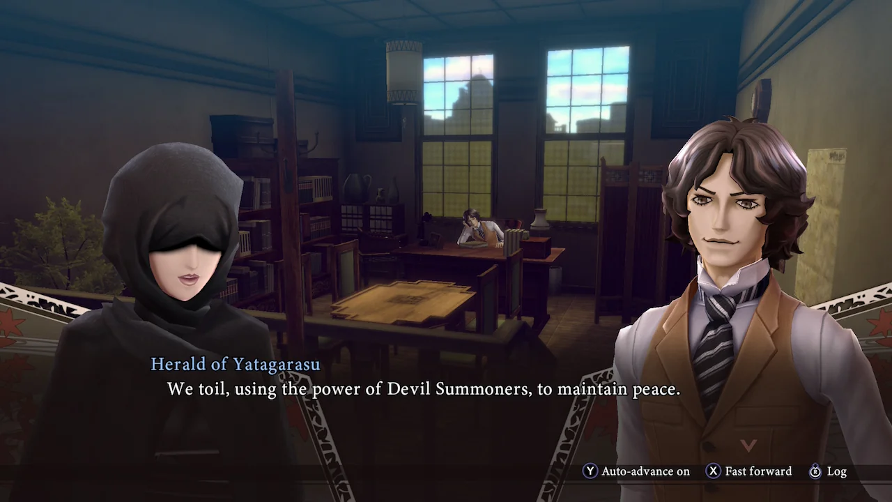 Cutscene of Herald of Yatagarasu speaking to Narumi in Raidou Remastered.