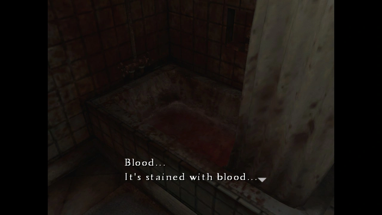 A blood-stained bathtub in Henry’s apartment, dimly lit and unsettling, from Silent Hill 4: The Room.