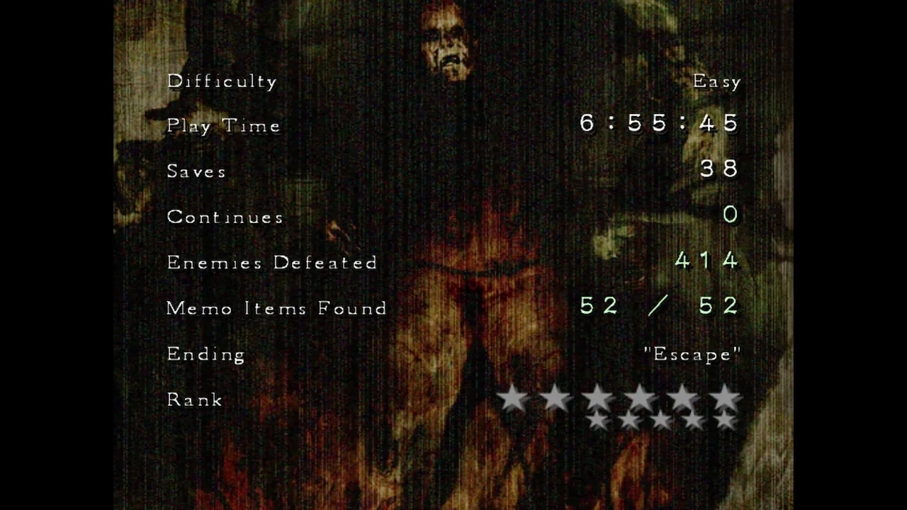 Silent Hill 4 clear screen with completion stats.